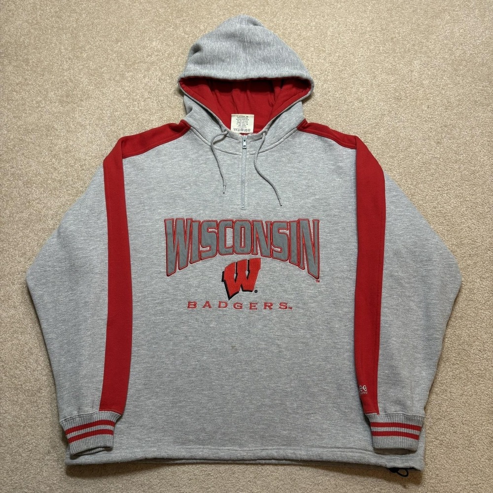 Vtg Wisconsin Badgers Hoodie Sweatshirt Mens 2XL Gray NCAA Lee Sport 1/4 Zip 90s